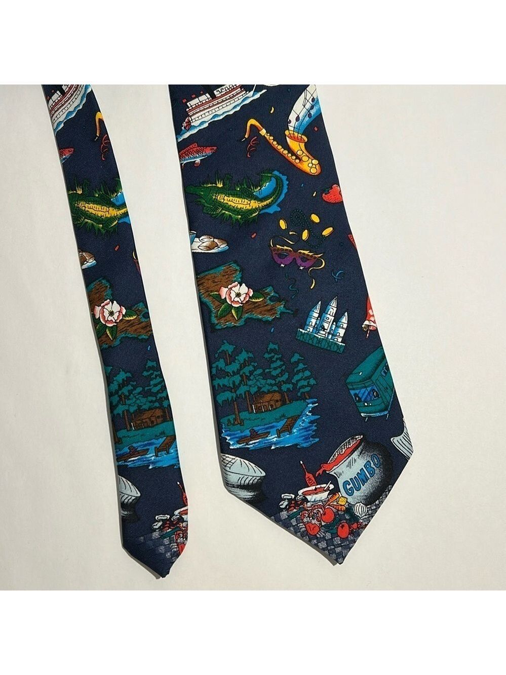 Wembley vintage necktie, mardi gras, New Orleans, gumbo. Navy blue, 100% silk